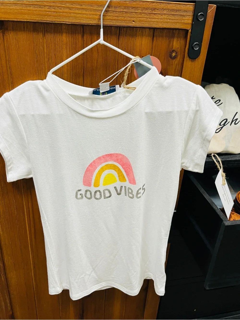 Kids White 'Good Vibes' Graphic Tee with Pink & Yellow Rainbow